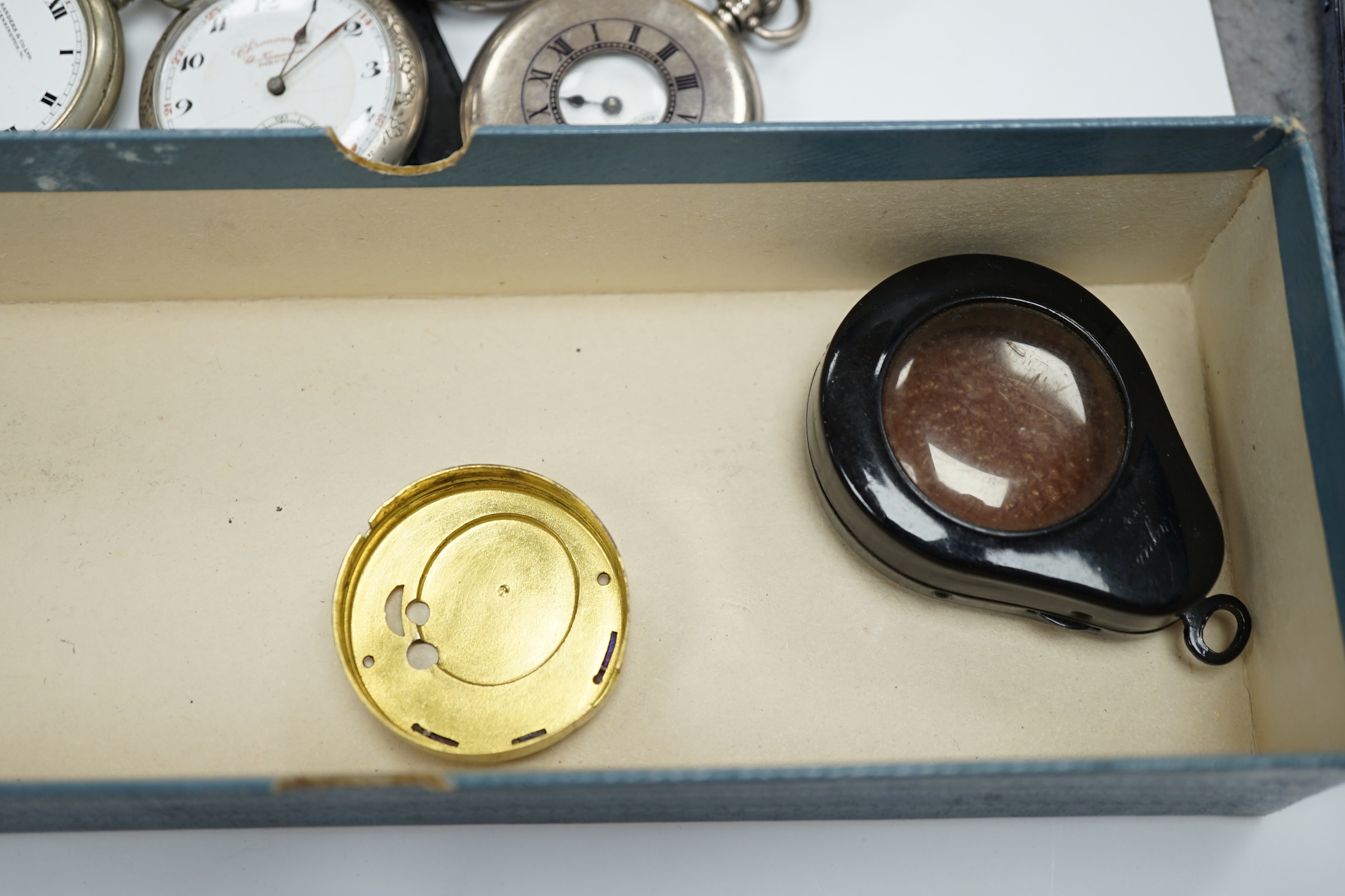 A small collection of assorted pocket watches, including five white metal or silver and a silver pair case by Shipley of Derby, lacking outer case, together with a Waltham black dial, fob watch and a Zedon steel and gold